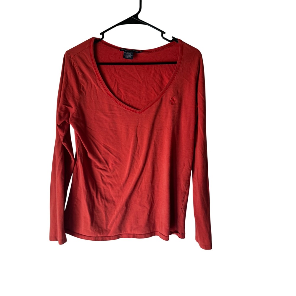 Ralph Lauren Sport Orange Red V-Neck Long‎ Sleeve Cotton Blend Top Size L Preppy